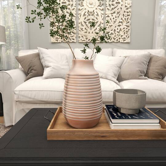 15" Pink Whitewashed Ribbed Terra Cotta Vase